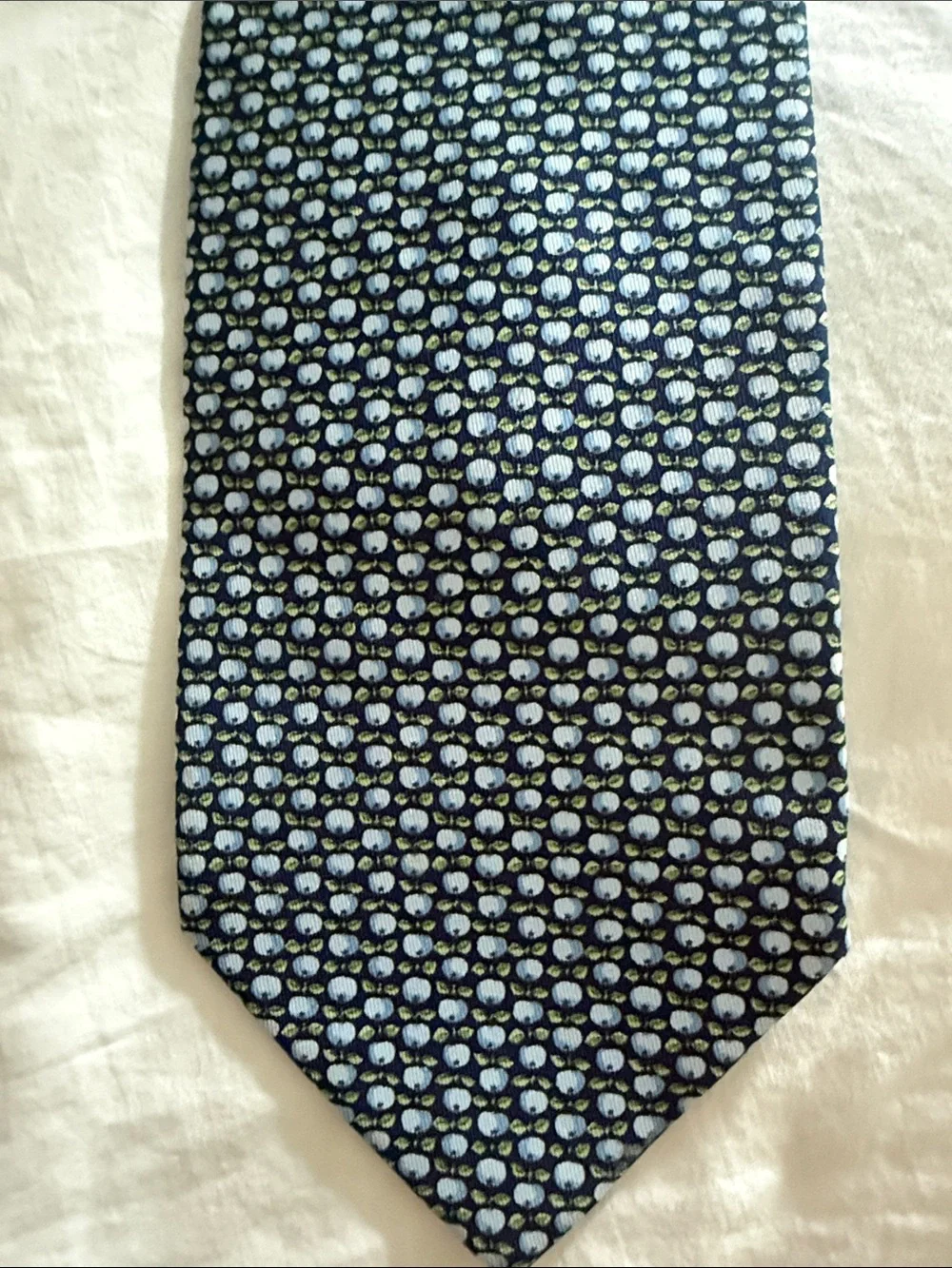 Salvatore Ferragamo Navy Silk Tie with Light Blue Apples Motif